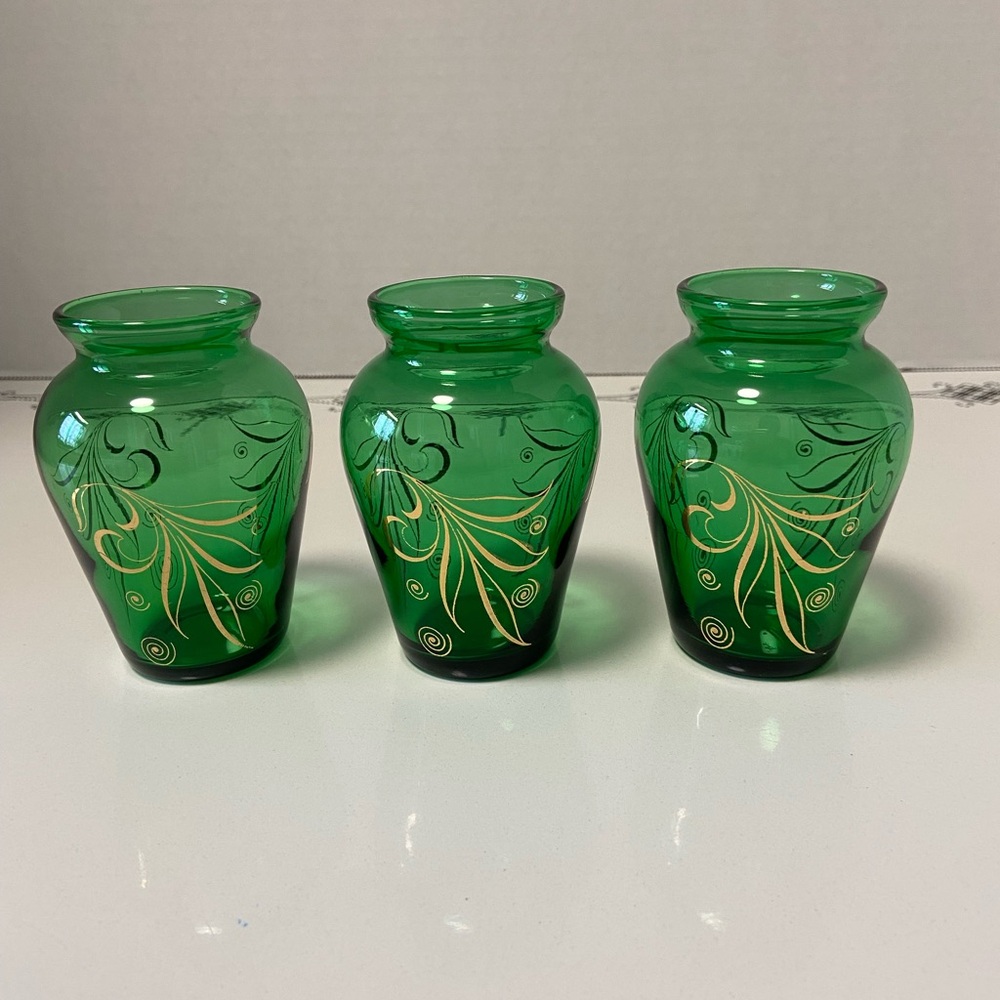 Vintage Emerald Green & Gold Bud Vase Set